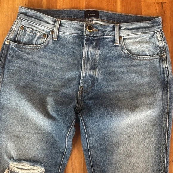 KHAITE Straight stovepipe jeans in blue Rigid Denim Distressed Women 26 New
